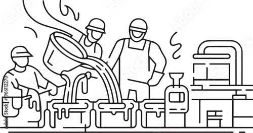 Metallurgists pour hot metal into a mold to produce a finished steel product. Specialists process metals, develop production technologies, one line art icon drawing vector