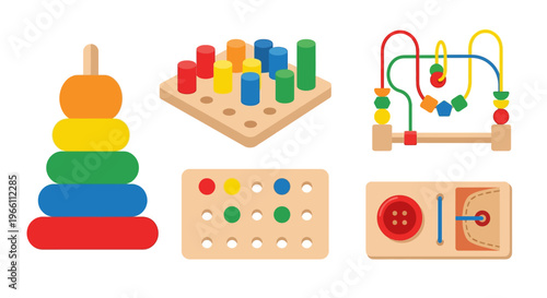 Colorful wooden baby toys including stacking rings beads and shape sorters