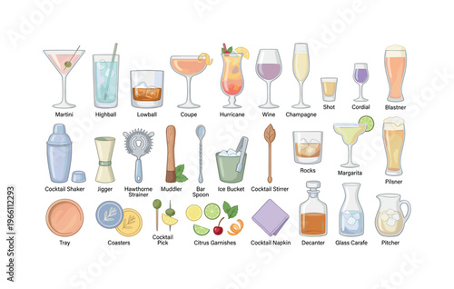 Collection of illustrated cocktail glasses and bar tools for drink preparation