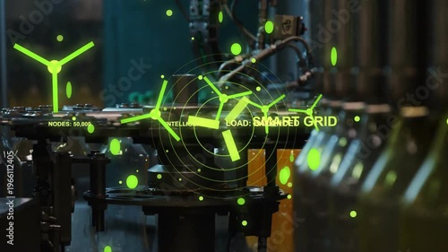 Sensor sending neon HUD over spindle animating rotor and rings, bottles moving showing grid load