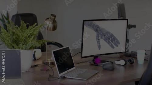 Magenta highlight starting near plant and moving across desk, showing robotic hand for technology