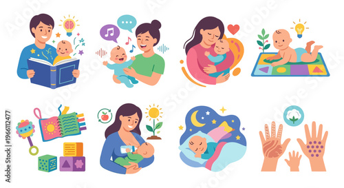 Illustrations depicting parents bonding with their babies through various activities