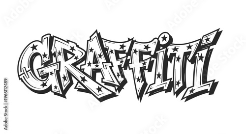 Graffiti Art Style Text, Urban Street Art Design, Black and White Star Pattern