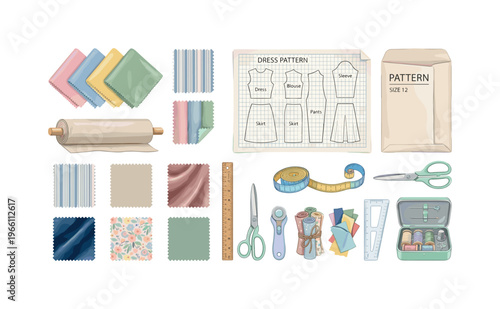 Sewing supplies and fabric swatches for dressmaking and crafting projects