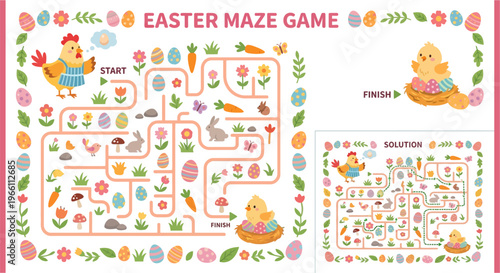 A colorful easter maze game featuring a rooster and baby chicks