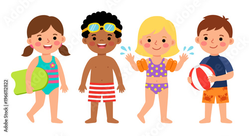 Four happy children prepared for a fun summer day at the pool