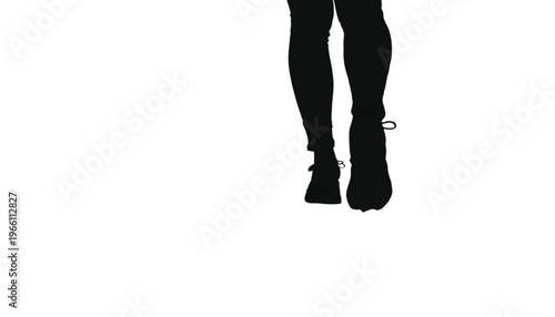 Legs wearing black tights and ankle boots step forward against a pure white background.