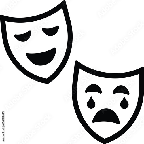 theater masks – comedy and tragedy paired faces, vector illustration on transparent background