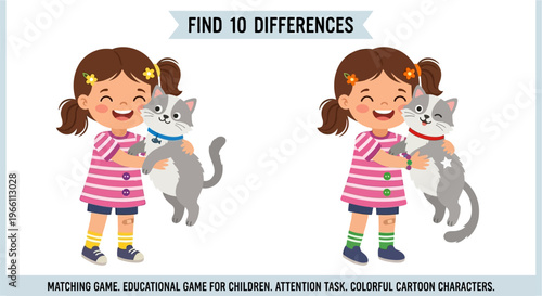 Find ten differences between two nearly identical images of a girl and cat