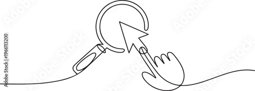 Search line in one line. Hand cursor. Illustration of a wide range of applications. one line art icon drawing vector