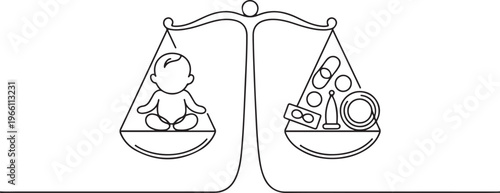A newborn baby is on one side of the scale, and contraceptives are on the second. The choice between contraception and childbearing. one line art icon drawing vector