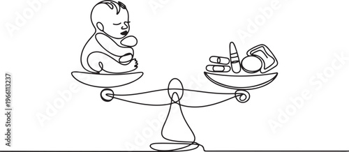 A newborn baby is on one side of the scale, and contraceptives are on the second. The choice between contraception and childbearing. one line art icon drawing vector