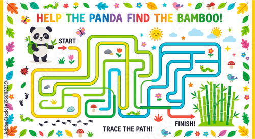 Help the panda navigate a colorful maze to reach the bamboo