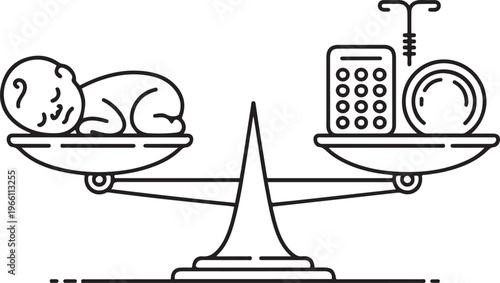 A newborn baby is on one side of the scale, and contraceptives are on the second. The choice between contraception and childbearing. one line art icon drawing vector