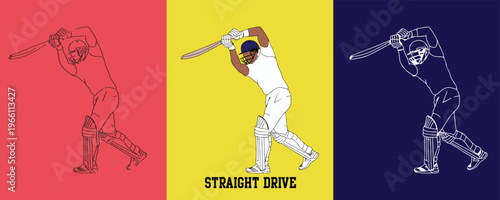 Cricket Player Executing a Powerful Straight Drive Shot Vector Illustrations Set