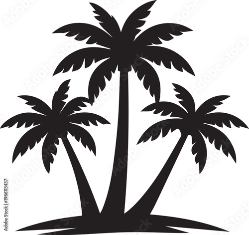 A black silhouette graphic featuring three palm trees standing together on a small land patch. Vector, illustration