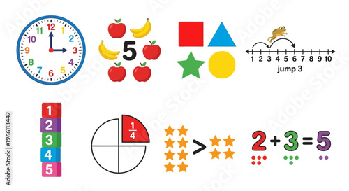 Colorful educational illustration featuring numbers shapes and simple math concepts