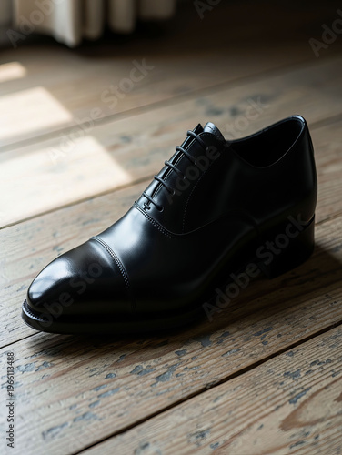Black leather dress shoe on wooden floor with natural light