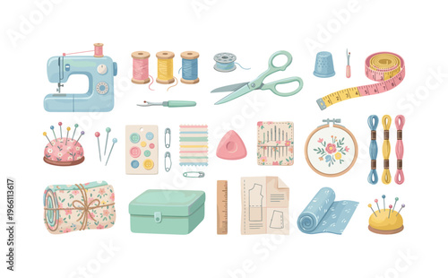 Collection of cute sewing supplies and tools for crafting and tailoring