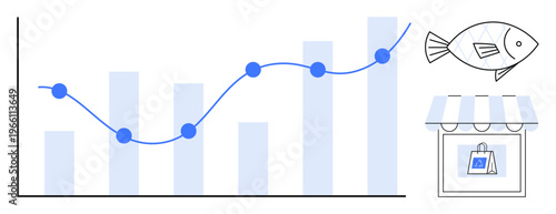 Business strategy, data analysis, market trends, retail growth, sustainable fishing, and economic planning. Graph with rising trends, fish and a retail store. Business strategy and data analysis