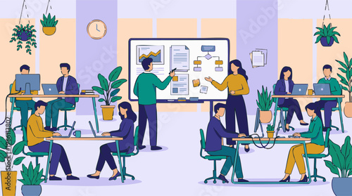 Diverse employees working and collaborating in a modern open-plan office.