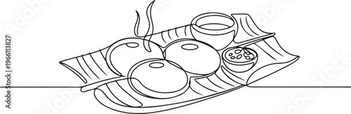 Delicious idli flatbreads on a banana leaf. Beautiful presentation of a traditional Indian dish. one line art icon drawing vector
