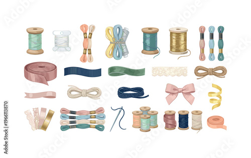 Collection of sewing and crafting supplies including threads, ribbons, and lace