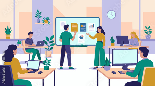 Business team collaborating and working in a modern office environment