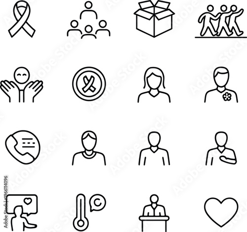 Charity Community Support Line Icon Set, Donation Awareness Help People Care Outline Vector Icons Editable Stroke UI UX