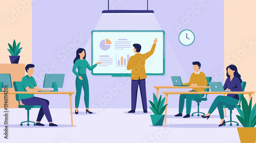 Business professionals presenting and working in a modern office environment