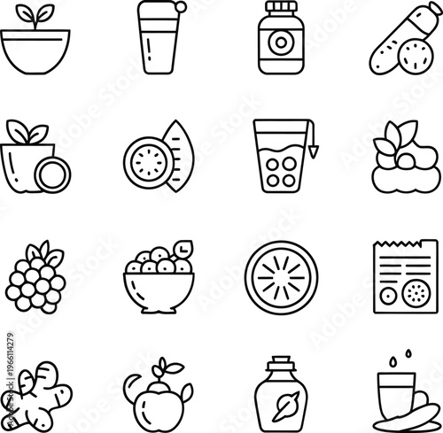 Healthy Food Line Icon Set, Nutrition Organic Fruits Juice Diet Outline Vector Icons Editable Stroke UI UX Collection