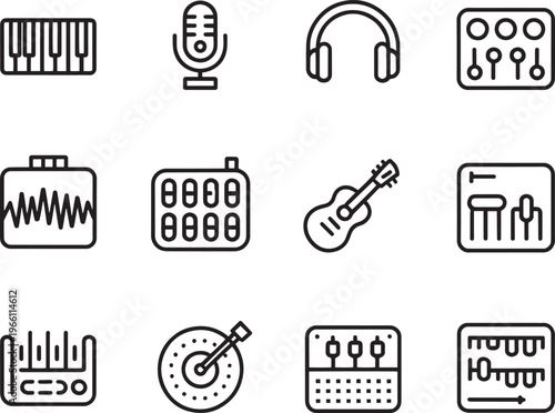 Music Production Line Icon Set, Audio Software DAW Mixer Waveform Microphone Guitar Outline Vector Icons Editable Stroke UI UX