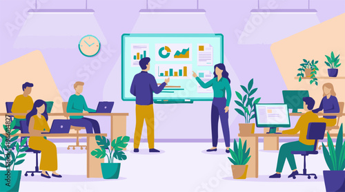 Business professionals presenting data and collaborating in a modern office