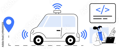 Smart mobility, autonomous driving, GPS tracking, coding, navigation systems, IoT connectivity. Self-driving car with wireless signals, coding interface and GPS map pin. Smart mobility