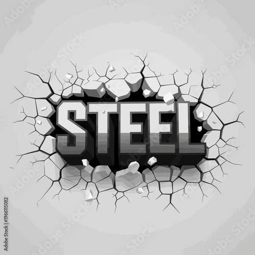 Steel word breaking through cracked concrete wall, 3D text effect, strong and durable concept