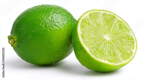 A vibrant lime cut in half next to a whole one on a white background