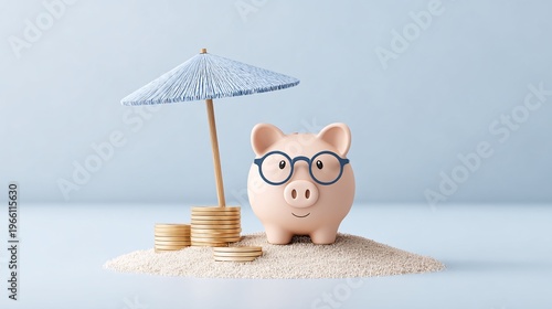 3D cartoon piggy bank relaxing under beach umbrella
