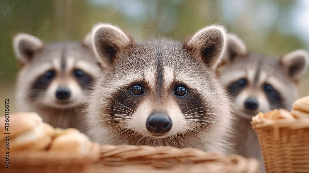 Obraz premium Curious raccoons enjoying a picnic with food baskets