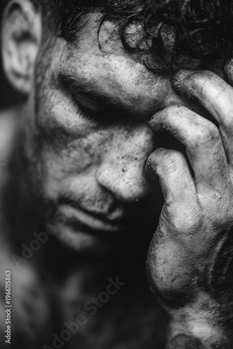 Male athlete exhausted in black and white photo