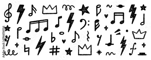 Chalk pencil musical notes doodle set. Punk rock crayon elements in sketch style with grunge texture. Hand drawn vector illustration isolated on white background.