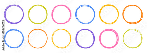 Circle crayon frame and chalk handwriting round text box doodle set. Line color border with childish pencil texture. Hand drawn vector illustration isolated on white background