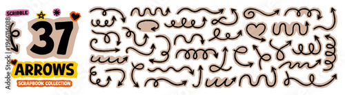 Crayon scrapbook squiggly arrows doodle set. Chalk pencil swirls, cutout direction pointers in sketch style, Grunge texture. Hand drawn vector illustration isolated on white background
