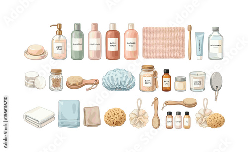 Collection of minimalist bathroom essentials and personal care items