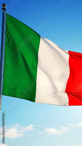 Italian flag waving in the wind on a sunny day with blue sky and clouds in background, symbolizing national pride