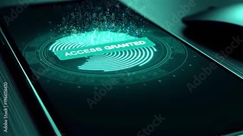Smartphone screen displays biometric fingerprint scan with access granted message on dark background with particles