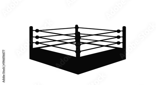 A stark black silhouette depicts a professional wrestling ring showcasing the ropes corner posts and squared platform high quality detailed modern