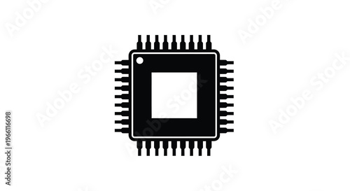 A black silhouette depicts a microchip with numerous pins representing modern computing and technological advancements high quality professional detailed elegant stylish