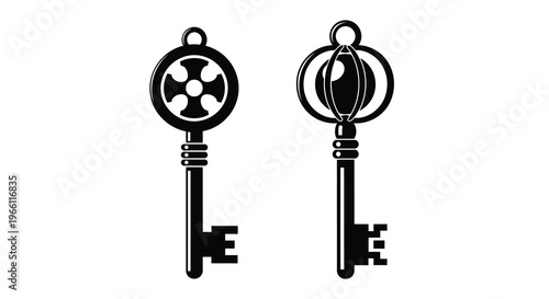 Two ornate black keys are depicted against a white background showcasing unique designs and intricate detailing high quality professional detailed modern