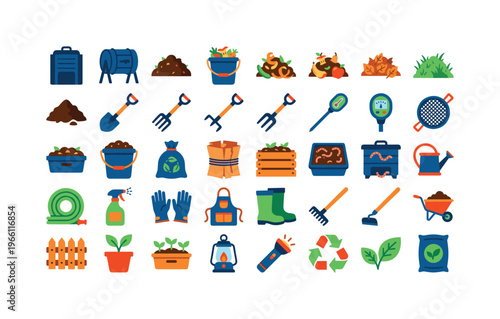 Collection of flat icons representing composting and gardening tools and materials
