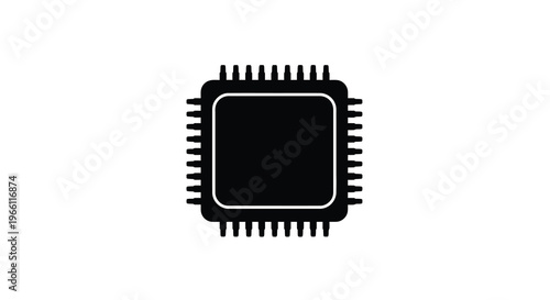 A stark black and white silhouette depicts a microchip showcasing its rectangular form and numerous pins high quality professional detailed modern